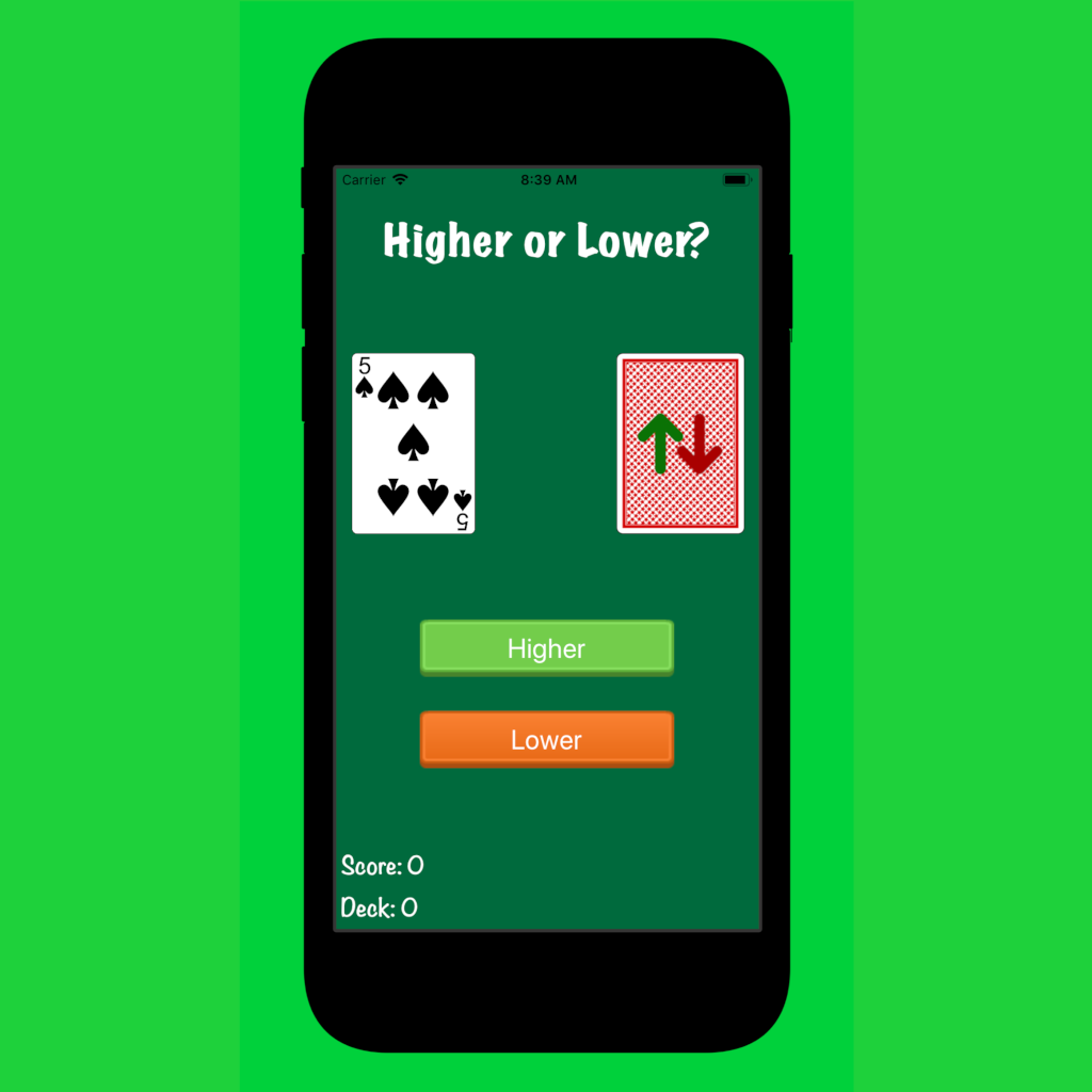 A screenshot of higher or lower, 5 of clubs showing, other card on it's back